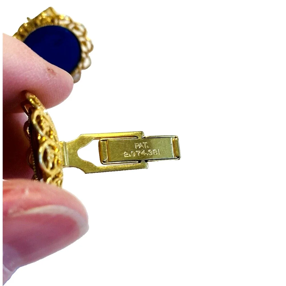 Vintage Mid Century Cufflinks Blue Enamel Rounds Gold Tone Filigree Surround